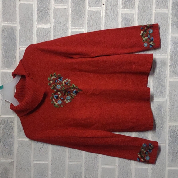 Coldwater Creek Sweaters - Coldwater Creek Women's Red Floral Heart Embroidered Sweater Size Medium